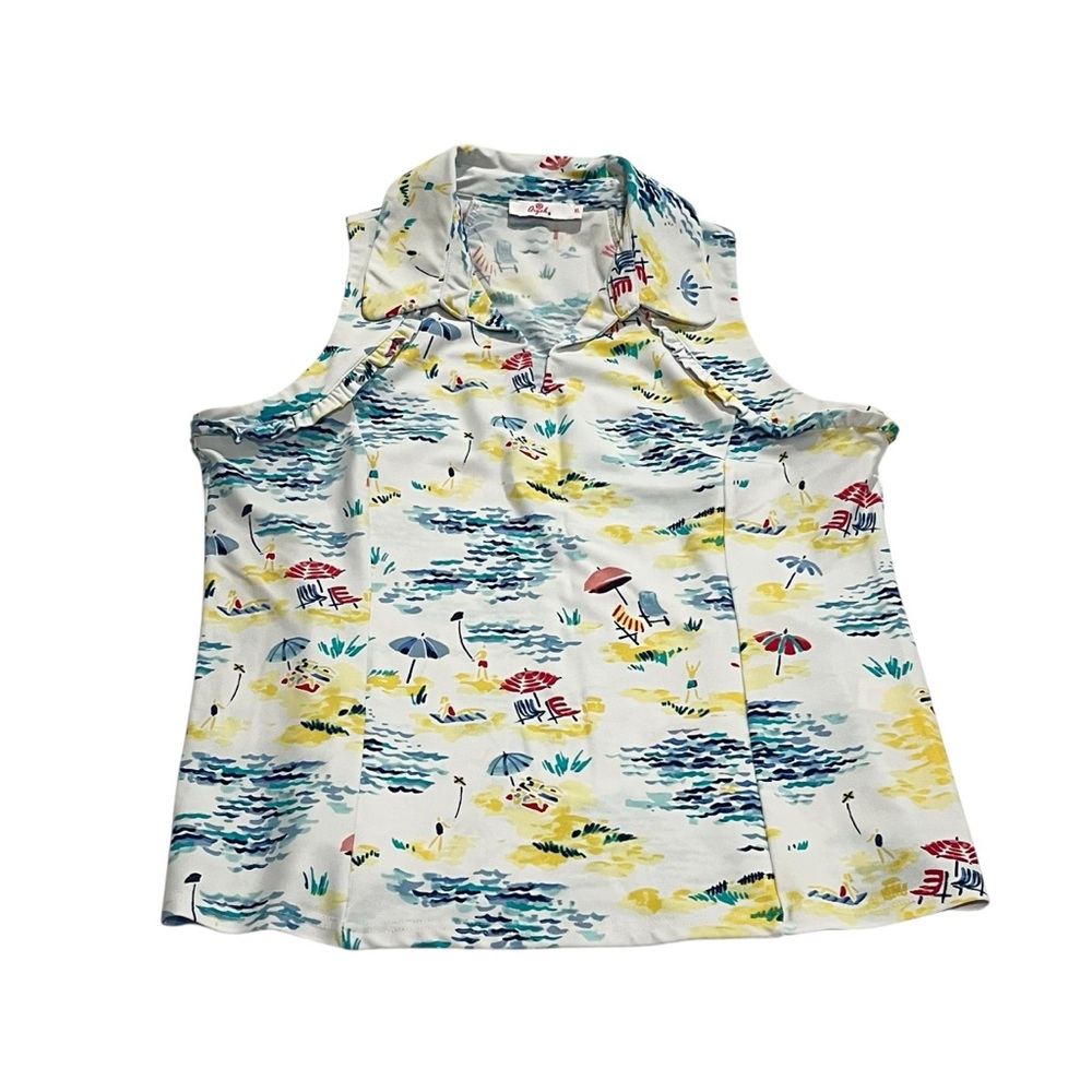 Aryeh Blue and White Sleeveless Blouse Artistic Print